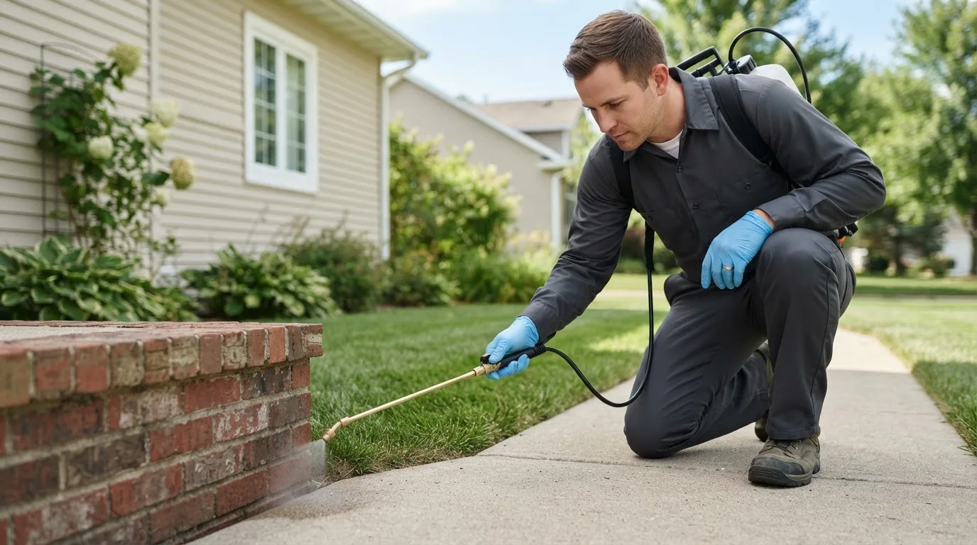 Pest control technician treating a home near Evans, LA