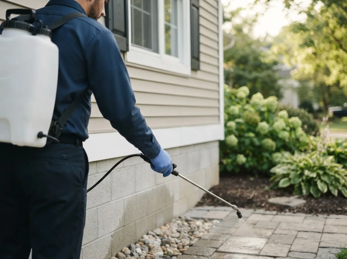 Pest control technician inspecting a home in Evans, LA